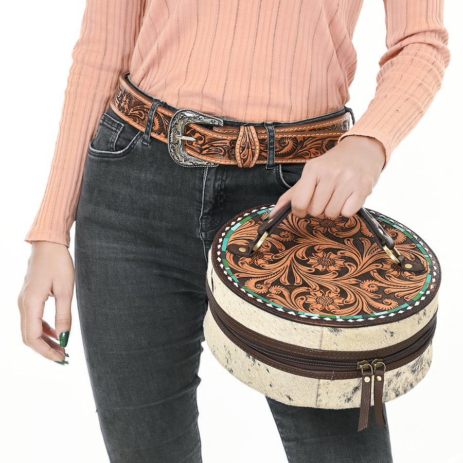 American Darling Jewelry Case for Women - Circular Hand Tooled Floral Carved Leather, Hair-On Cowhide & Buck Stitched Organizer