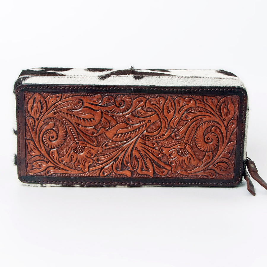 American Darling Jewelry Case for Women - Hair-On Cowhide, Hand Tooled Floral Carved Genuine Leather Travel Organizer