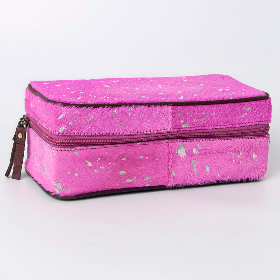 American Darling Jewelry Case for Women - Hair-On Cowhide, Hand Tooled Floral Carved Genuine Leather Travel Organizer