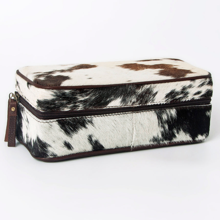 American Darling Jewelry Case for Women - Hair-On Cowhide, Hand Tooled Floral Carved Genuine Leather Travel Organizer