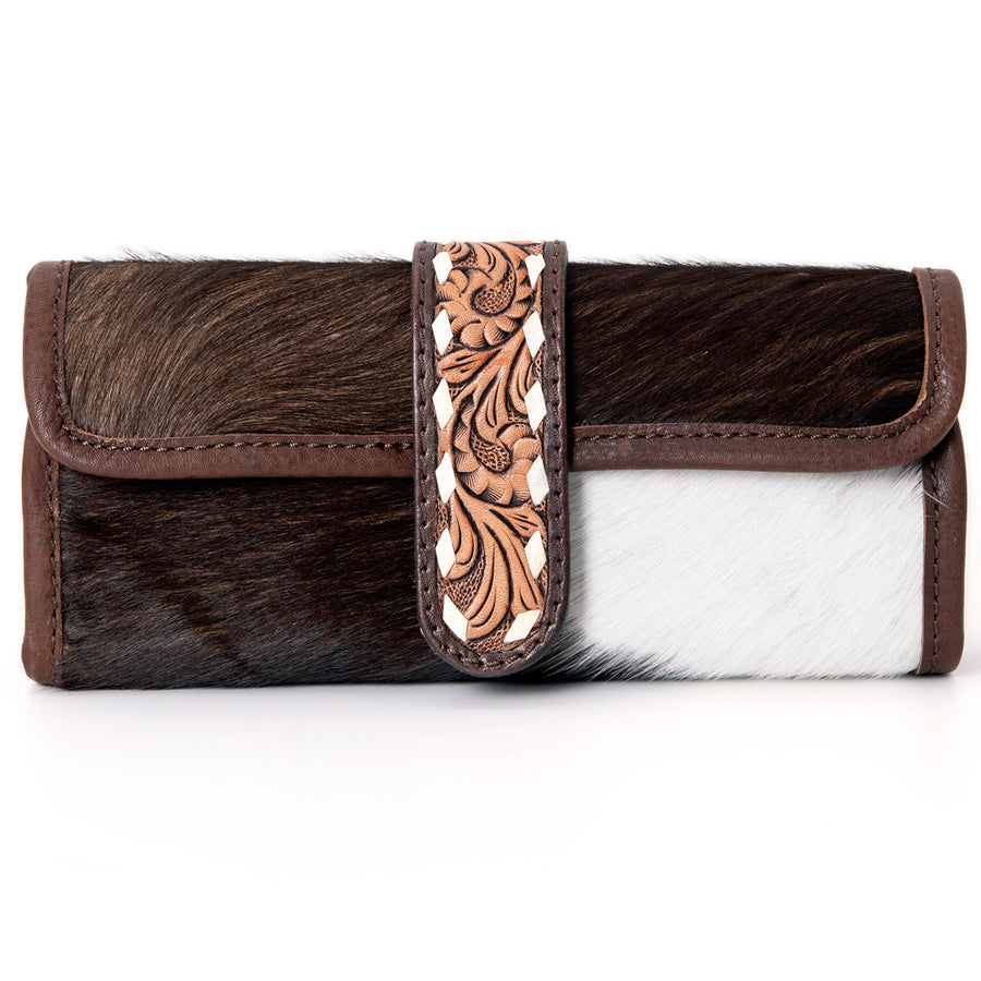 American Darling Jewelry Case for Women - Hair-On Cowhide, Hand Tooled Floral Carved Leather & Buck Stitched Travel Organizer