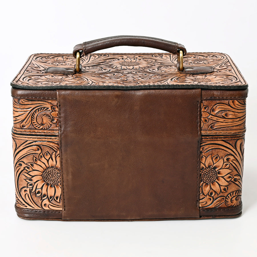 American Darling Jewelry Case for Women - Hand Tooled Floral Carved Genuine Leather Travel Organizer with Top Handle