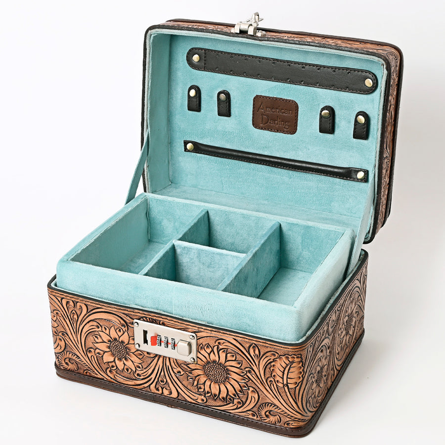 American Darling Jewelry Case for Women - Hand Tooled Floral Carved Genuine Leather Travel Organizer with Top Handle