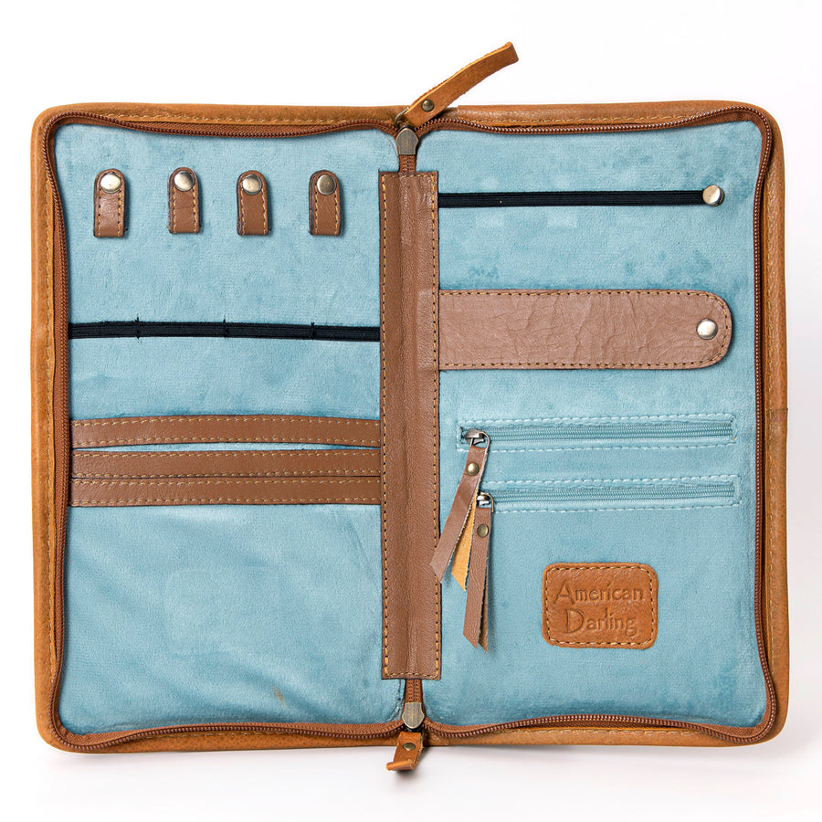 American Darling Jewelry Case for Women - Hair-On Cowhide, Hand Tooled Floral Carved Genuine Leather Travel Organizer