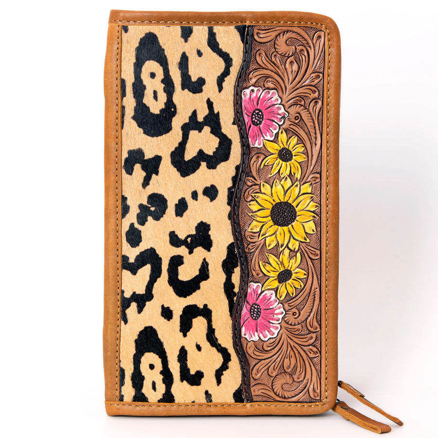 American Darling Jewelry Case for Women - Hair-On Cowhide, Hand Tooled Floral Carved Genuine Leather Travel Organizer