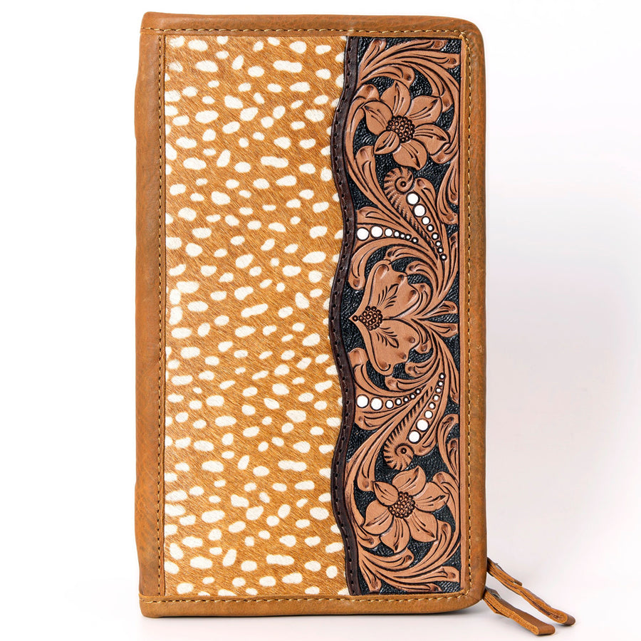 American Darling Jewelry Case for Women - Hair-On Cowhide, Hand Tooled Floral Carved Genuine Leather Travel Organizer