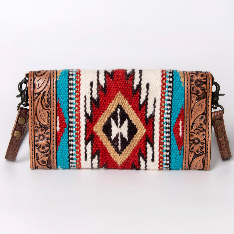 American Darling Envelope Western Hand Tooled Genuine Leather and Saddle Blanket Purse with Wristlet and YKK Zipper