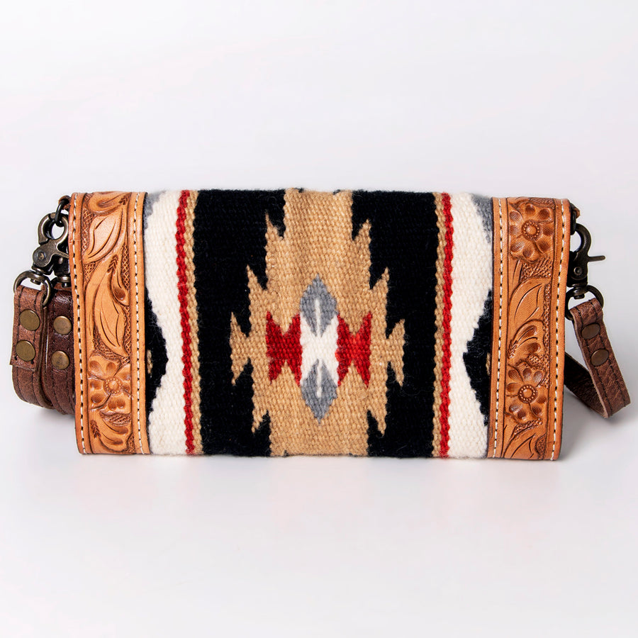 American Darling Envelope Western Hand Tooled Genuine Leather and Saddle Blanket Purse with Wristlet and YKK Zipper
