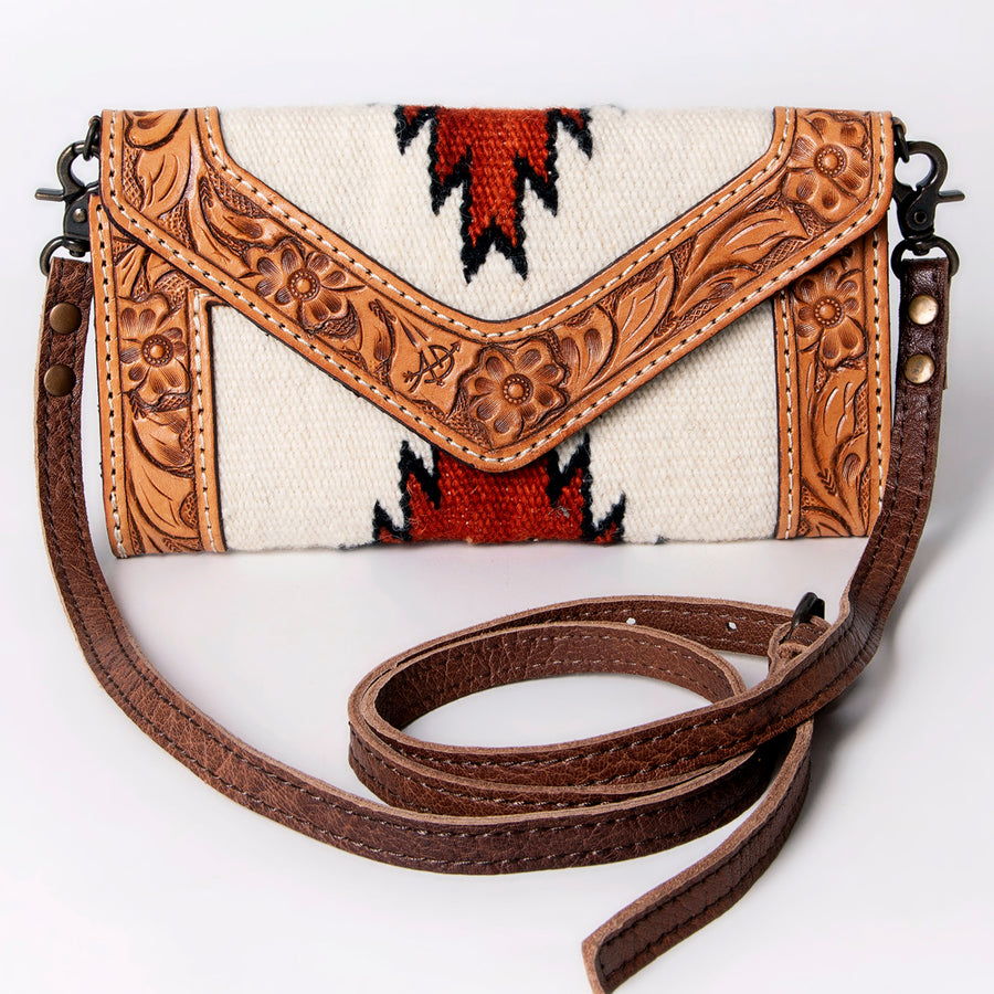 American Darling Envelope Western Hand Tooled Genuine Leather and Saddle Blanket Purse with Wristlet and YKK Zipper