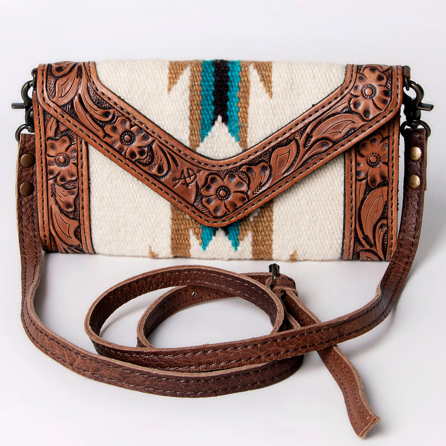 American Darling Envelope Western Hand Tooled Genuine Leather and Saddle Blanket Purse with Wristlet and YKK Zipper