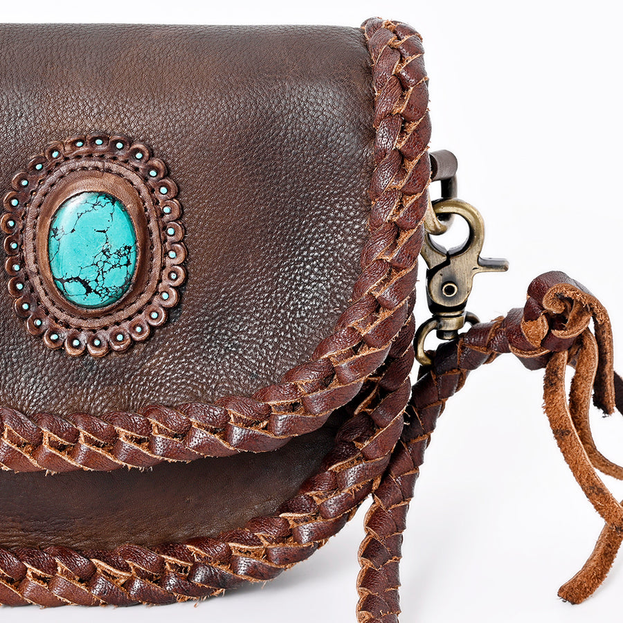 American Darling Cross body Bag Western Genuine Leather Handcrafted Purse with Turquoise Stone and Braided Detail