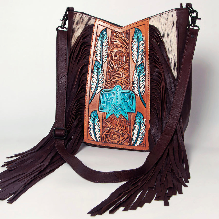 American Darling Messenger Hand Tooled Hair On Genuine Leather Women Bag Western Handbag Purse - Uhorse