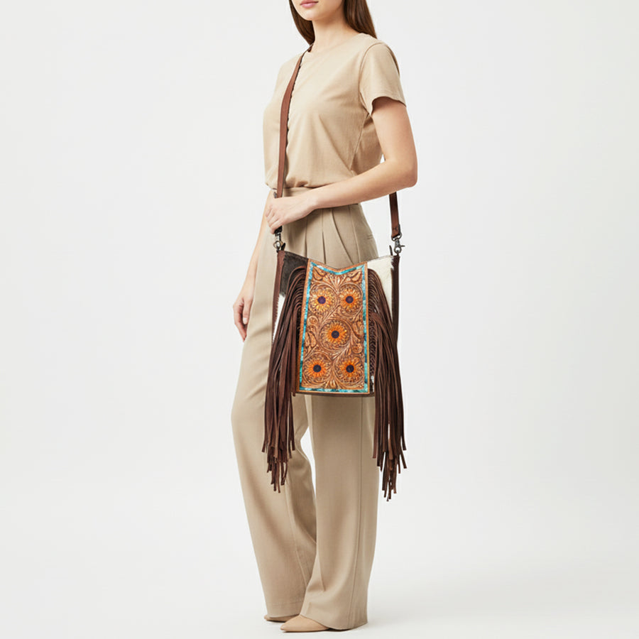 American Darling Large Crossbody Hand Tooled Hair On Genuine Leather Women Bag Western Handbag Purse