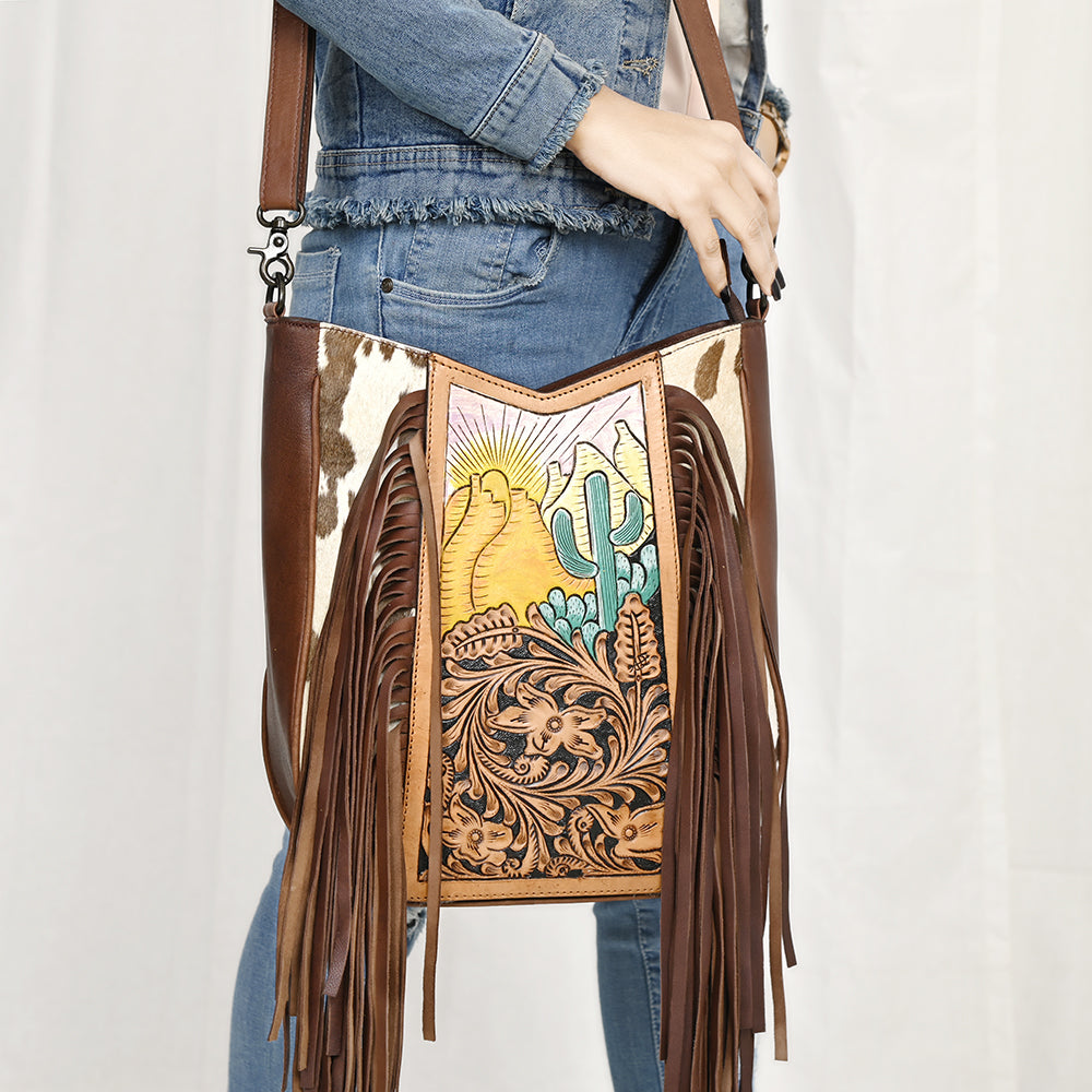 American Darling Large Crossbody Hand Tooled Hair On Genuine Leather Women Bag Western Handbag Purse
