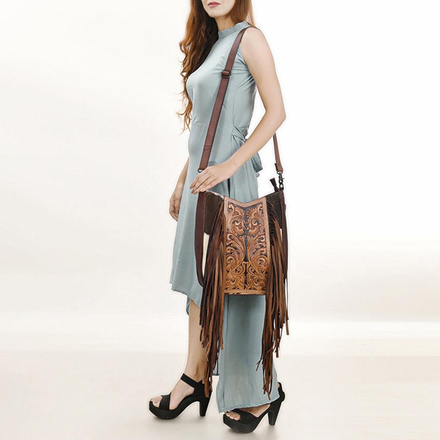 American Darling Large Crossbody Hand Tooled Hair On Genuine Leather Women Bag Western Handbag Purse