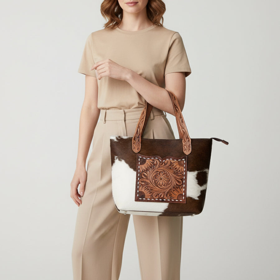 American Darling Tote Hand Tooled Hair-On Genuine Leather Women Bag Western Handbag Purse