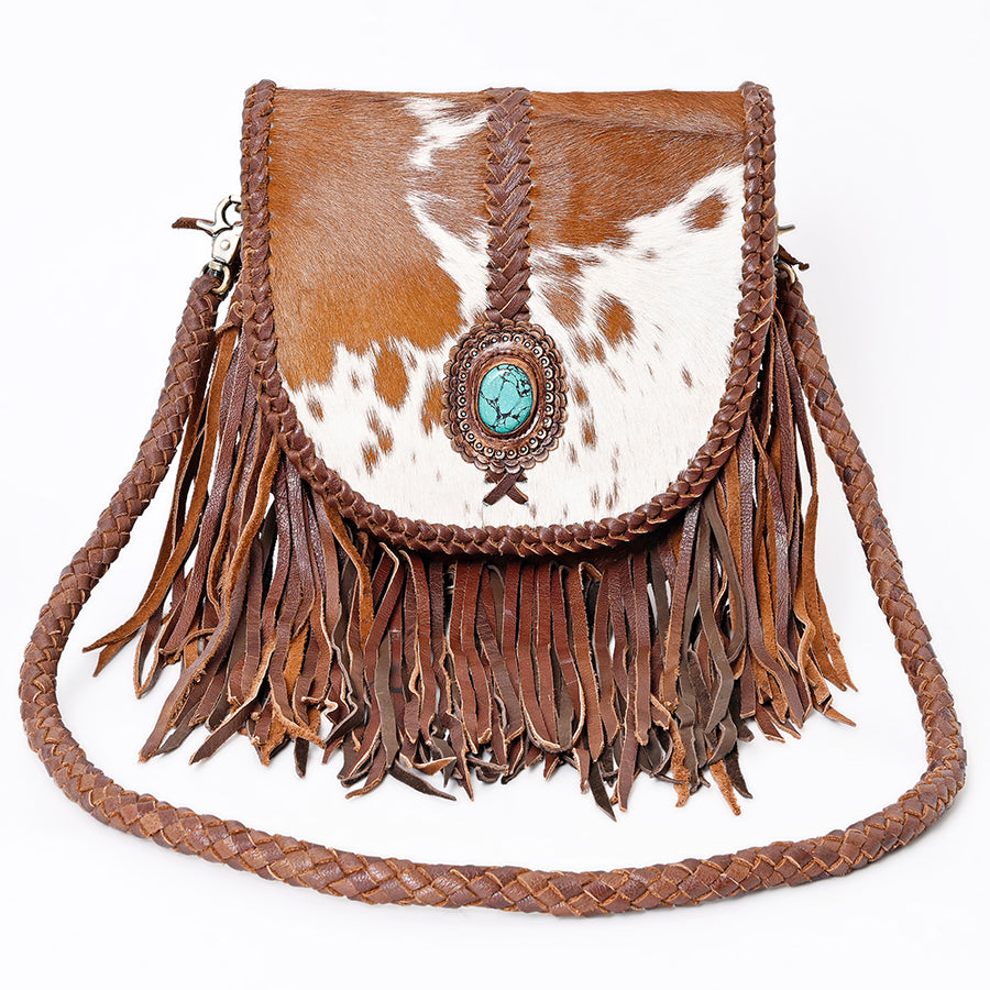 American Darling Messenger Bag Western Genuine Leather Handcrafted Purse with Fringes, Braided Strap and Turquoise Stone