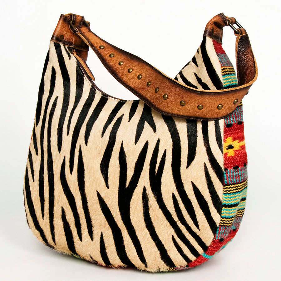 American Darling Hair-On Cowhide Hobo Bag with Handwoven Saddle Blanket Sides Western Leather - Uhorse
