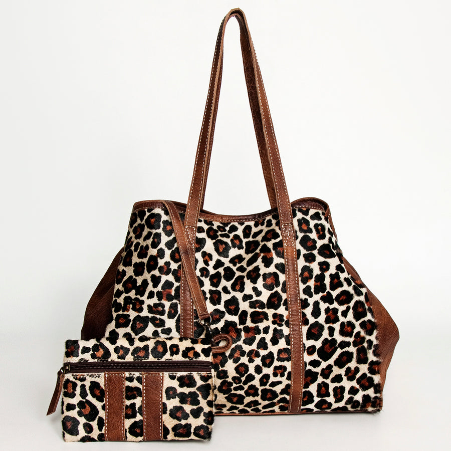 American Darling Hair-On Cowhide Tote Bag Set – Genuine Leather Western Shoulder Purse Matching Pouch, Handmade in Texas