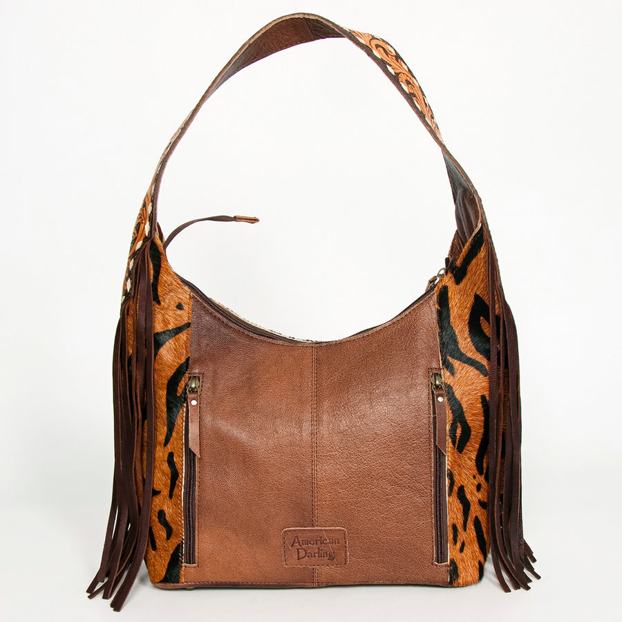 American Darling Hobo Bag for Women, Hand Tooled Floral Leather & Hair-On Cowhide Western Purse with Fringes & YKK Zipper