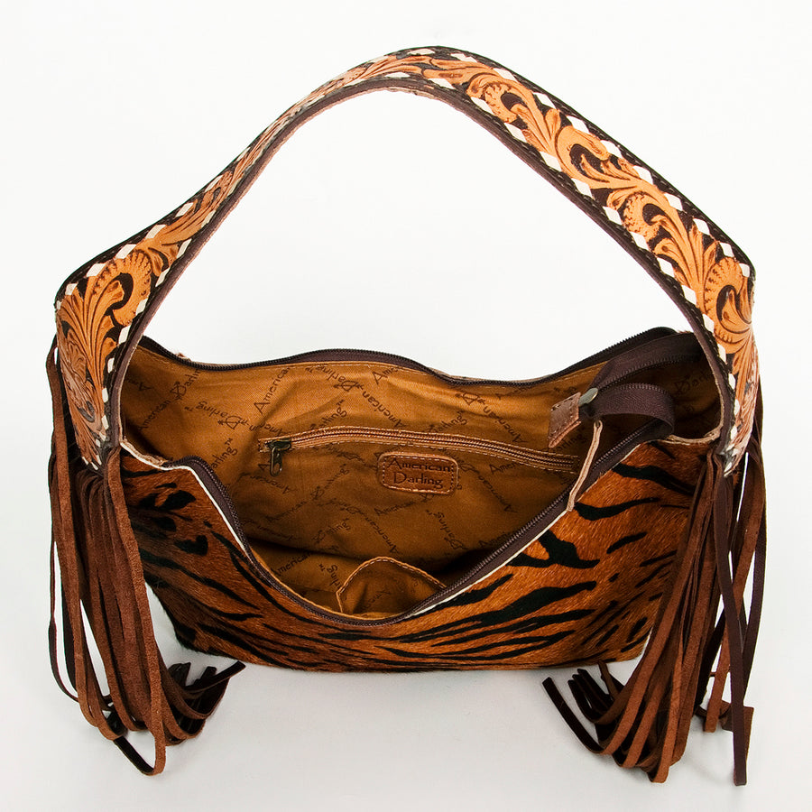American Darling Hobo Bag for Women, Hand Tooled Floral Leather & Hair-On Cowhide Western Purse with Fringes & YKK Zipper