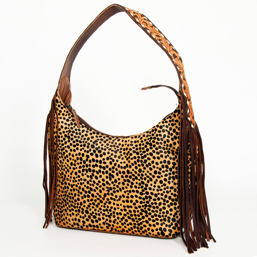 American Darling Western Leather Hobo Bag - Hand Tooled Cowhide and Fringe Purse - Uhorse