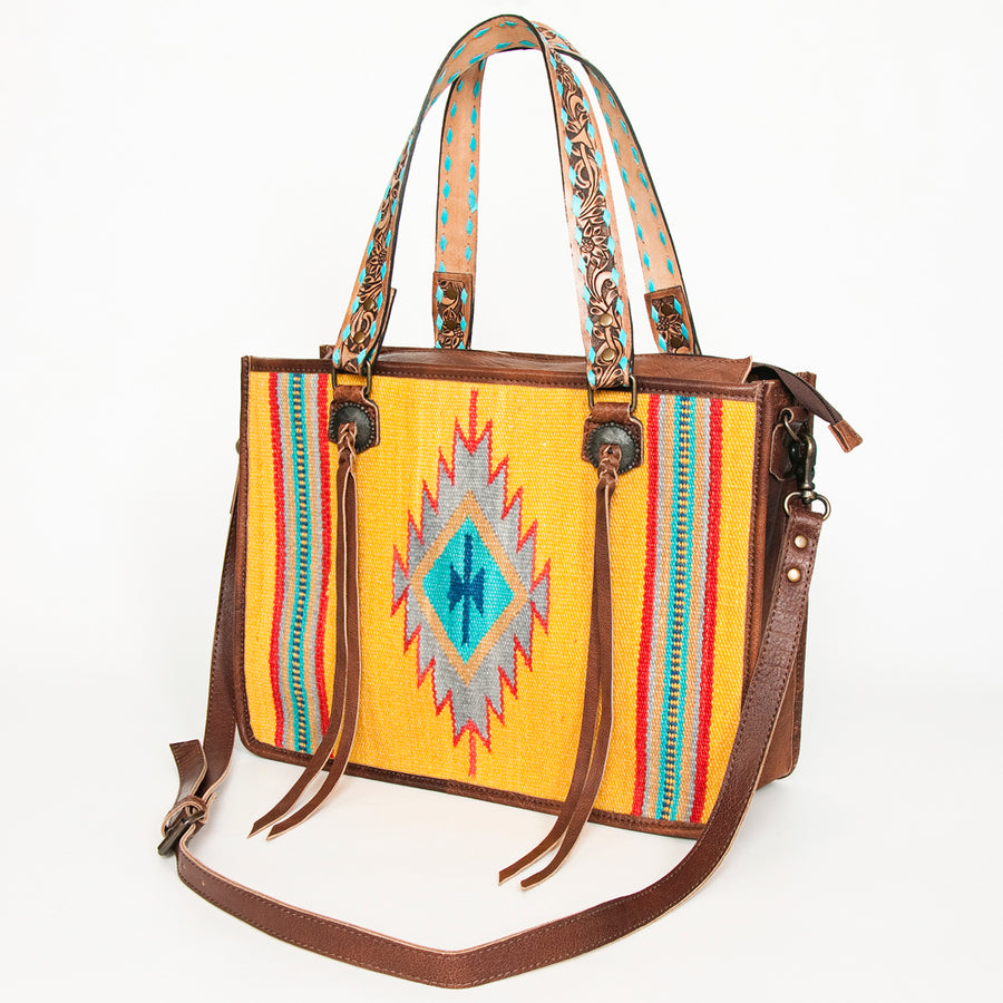 American Darling Handwoven Saddle Blanket Tote Bag - Western Genuine Leather Purse - Uhorse