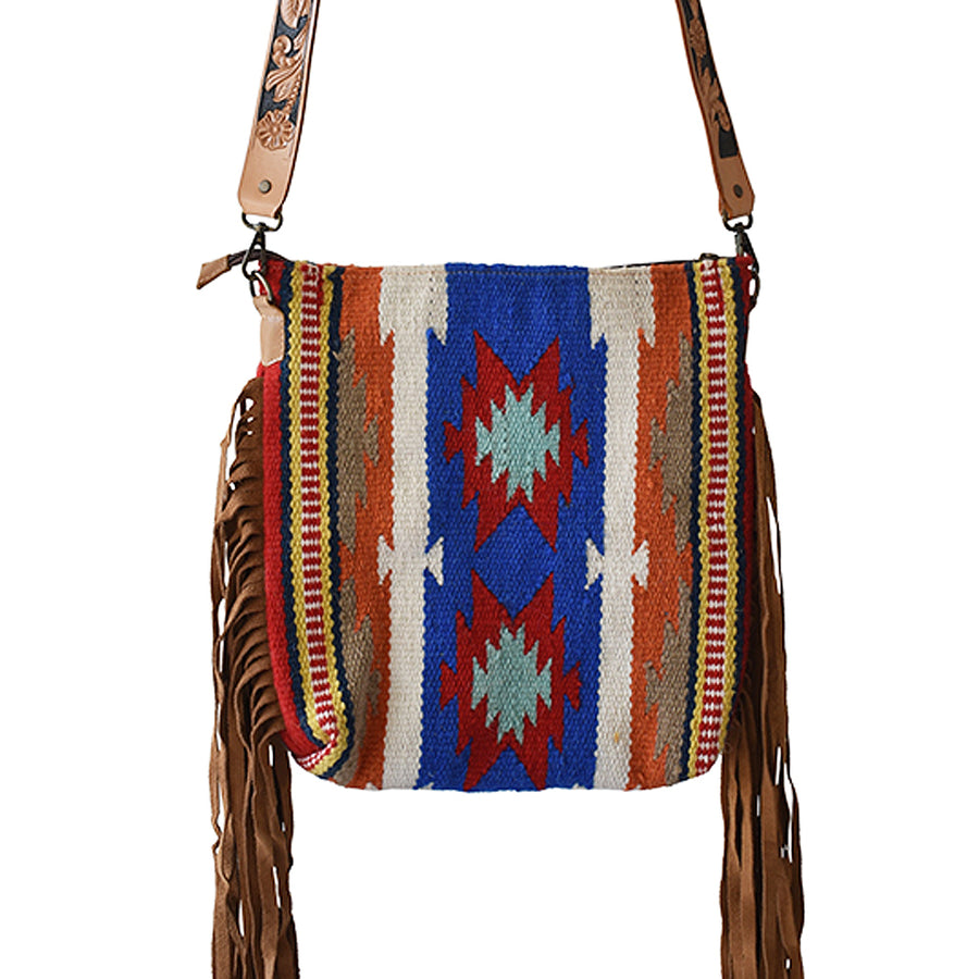 Woven geometric crossbody bag with leather fringe and tooled strap - Hilason