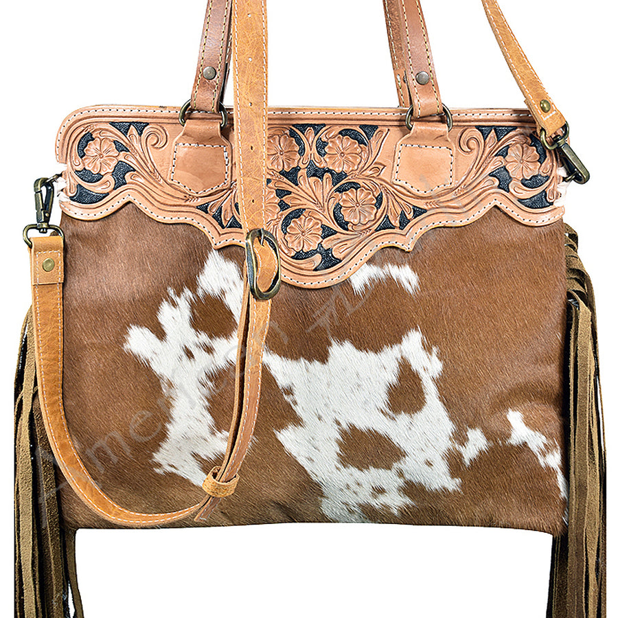 Brown and white cowhide leather tote with tooled leather trim and fringe - Uhorse