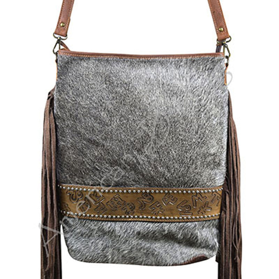 Gray and white cowhair leather crossbody bag with fringe and tooled trim - Hilason
