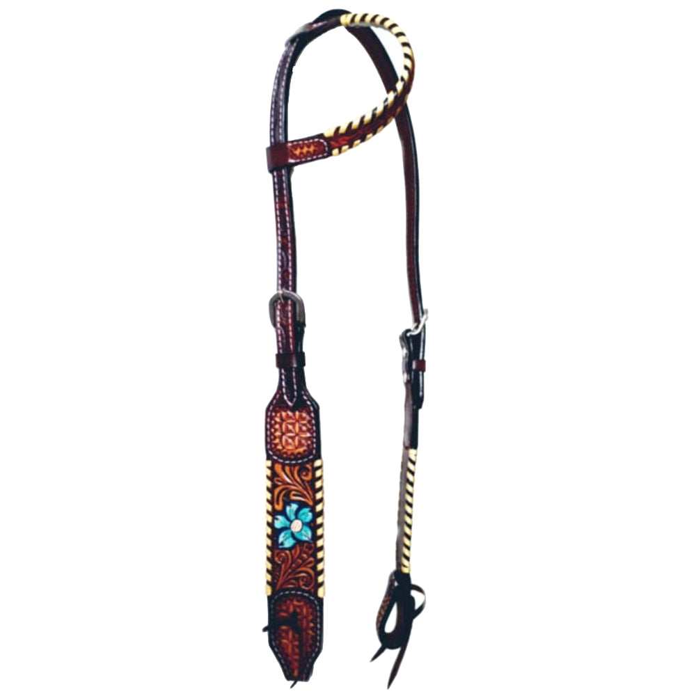 Bar H Equine Horse Leather Turquoise Floral Hand Painted One Ear Headstall Brown