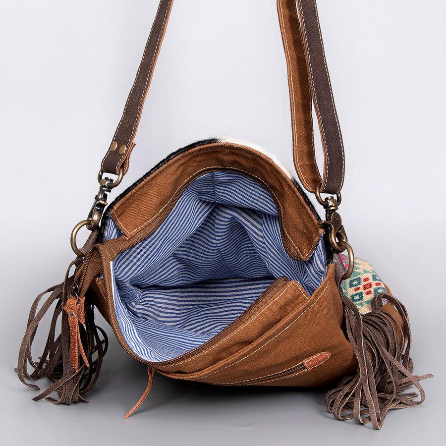 OHLAY Cross Body Upcycled Wool Canvas Embossed Hair-On Genuine Leather Women Bag Western Handbag Purse Womens Handbags