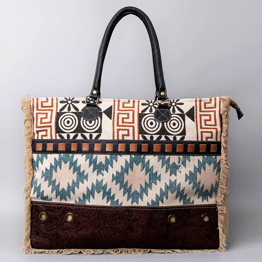 OHLAY KB484 TOTE Upcycled Wool Canvas Embossed Genuine Leather women bag western handbag purse