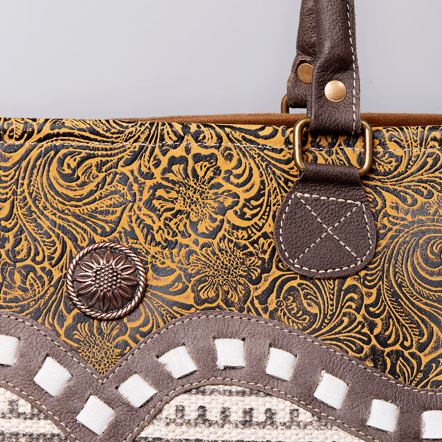 OHLAY Weekender Upcycled Wool Canvas Embossed Genuine Leather Women Bag Western Handbag Purse Womens Handbags Belt for Summer