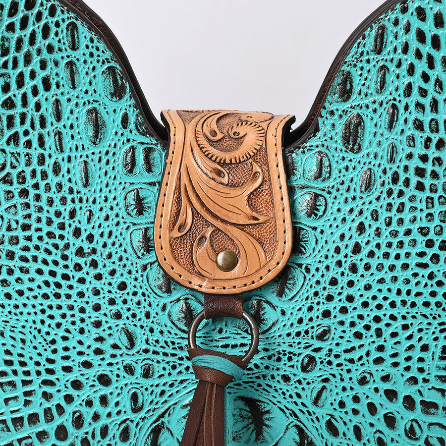 American Darling Turquoise Crocodile Embossed Leather Hobo Bag – Hand Tooled, Genuine Leather, Adjustable Strap, Western Handmade Purse