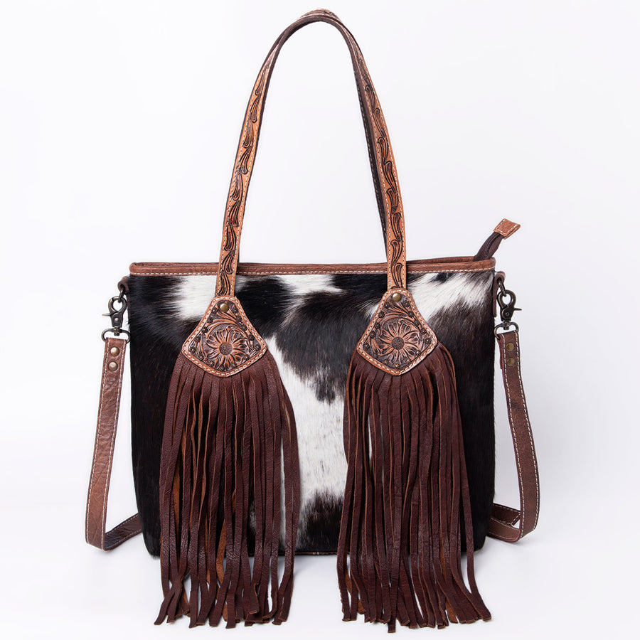 American Darling Hair-on Cowhide Leather Tote Bag – Fringed Western Style, Genuine Leather, Everyday Handbag