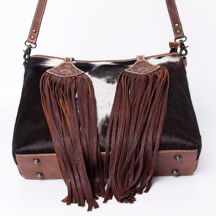 American Darling Hair-on Cowhide Leather Tote Bag – Fringed Western Style, Genuine Leather, Everyday Handbag