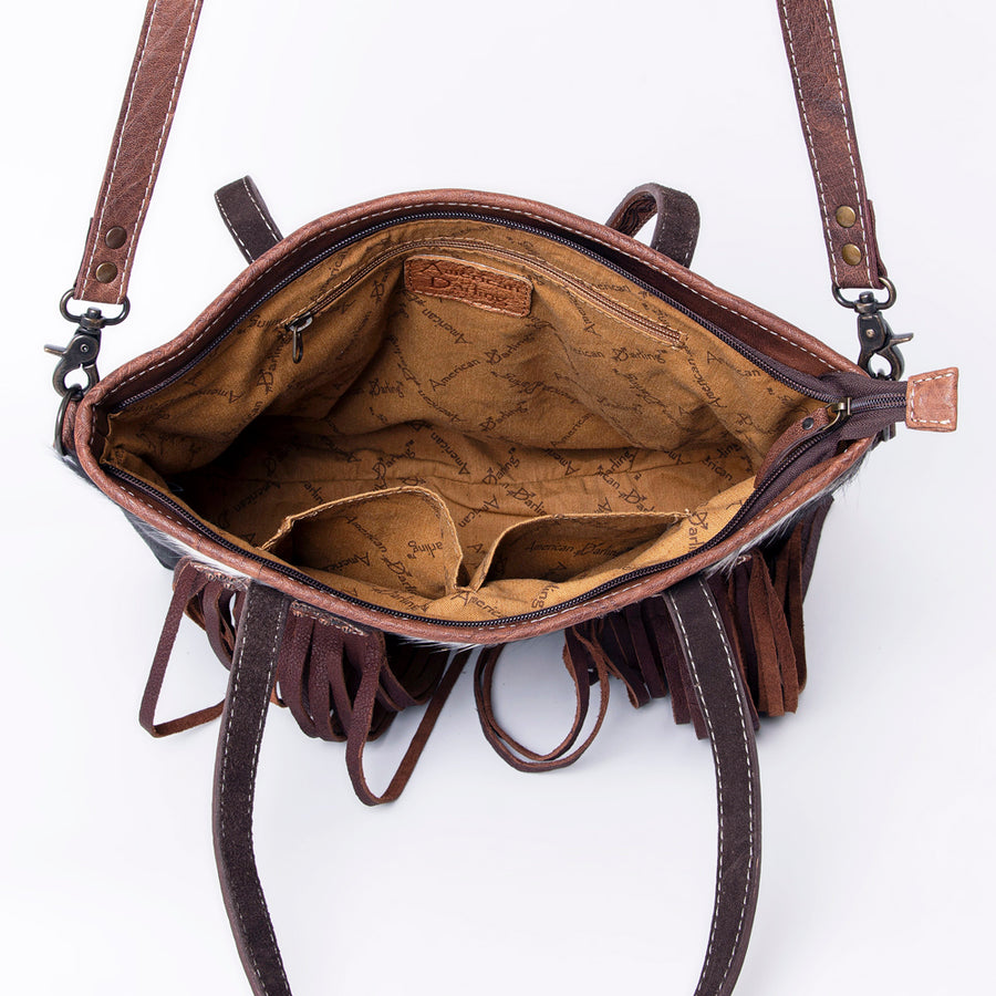 American Darling Hair-on Cowhide Leather Tote Bag – Fringed Western Style, Genuine Leather, Everyday Handbag