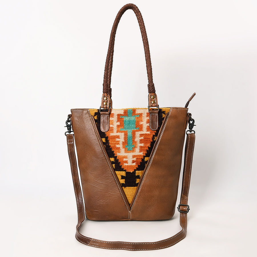 American Darling Leather Tote – Hand Woven Saddle Blanket Accents, Premium Western Leather Handbag
