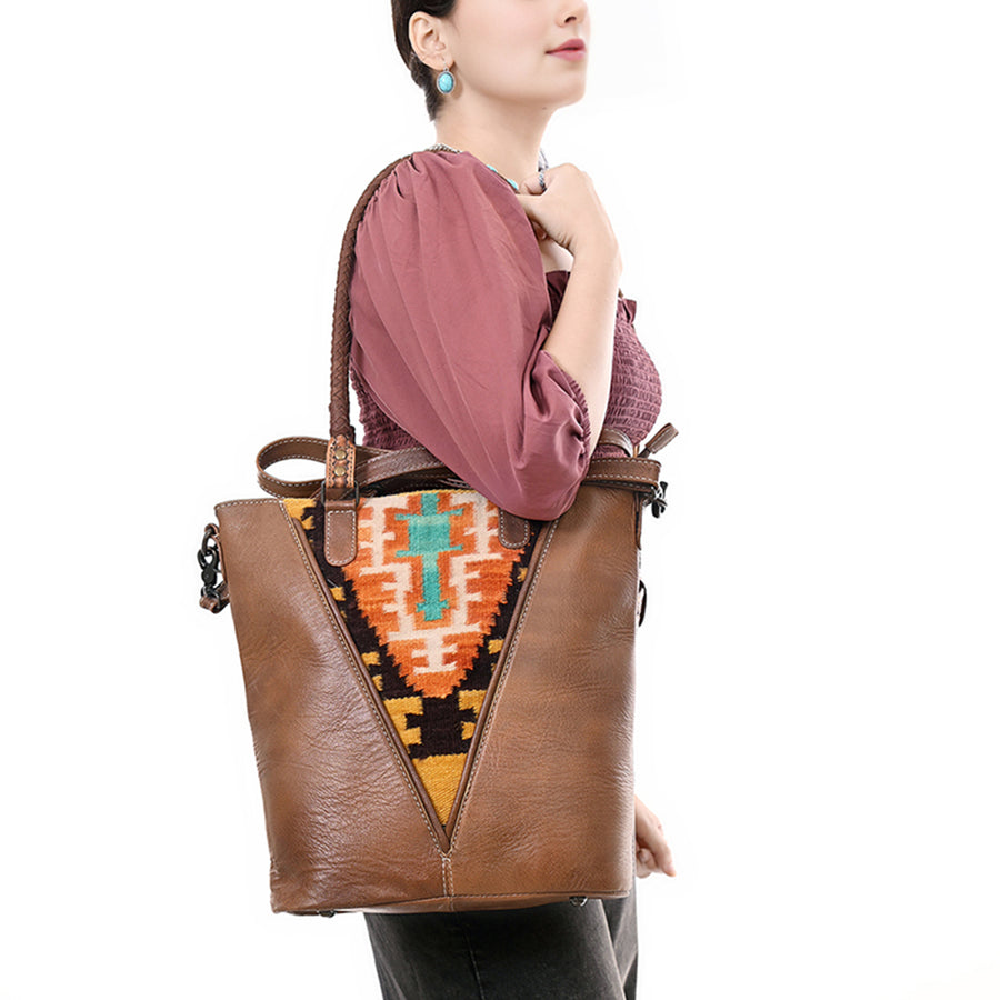 American Darling Leather Tote – Hand Woven Saddle Blanket Accents, Premium Western Leather Handbag