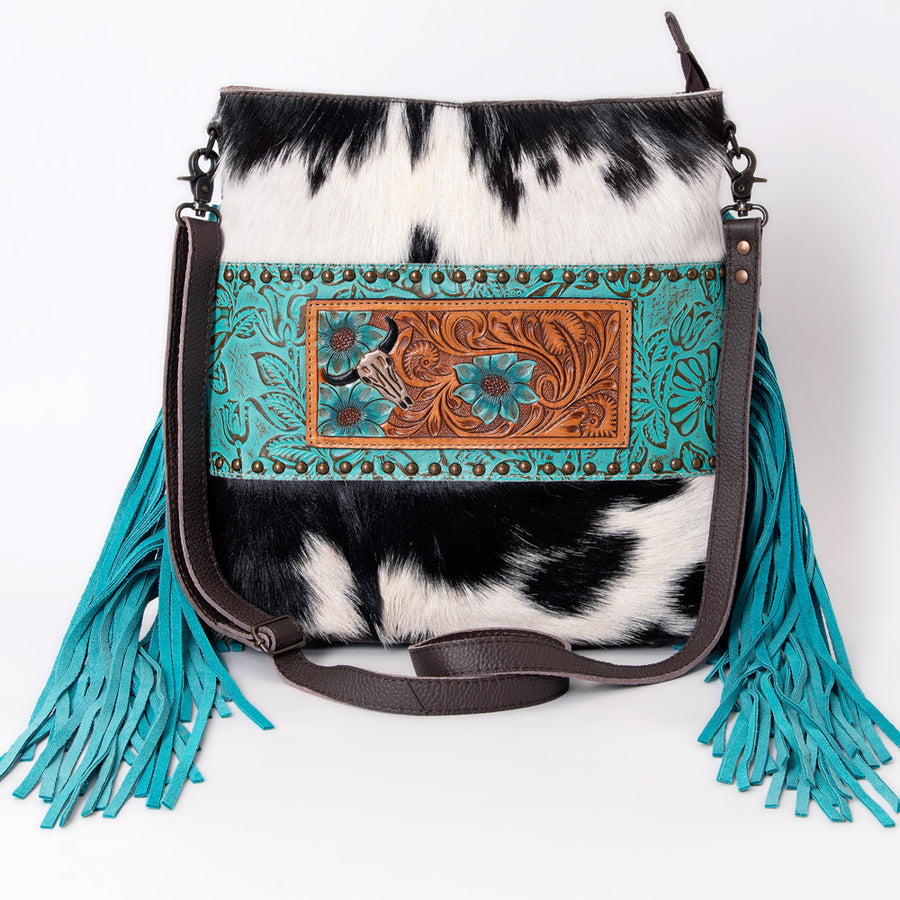 OHLAY Messenger Hand Tooled Embossed Hair-on Genuine Leather women bag western handbag purse