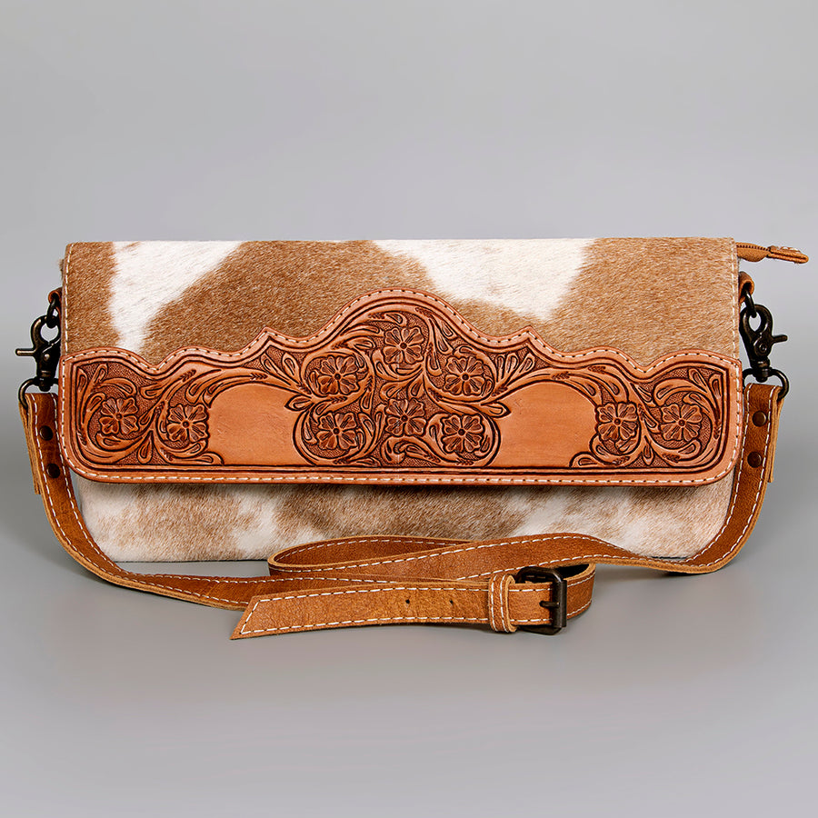 American Darling Leather Small Crossbody Bag – Hair-on Cowhide with Floral Tooled Flap, Western Style Handbag