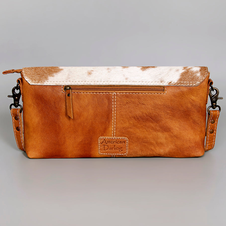 American Darling Leather Small Crossbody Bag – Hair-on Cowhide with Floral Tooled Flap, Western Style Handbag