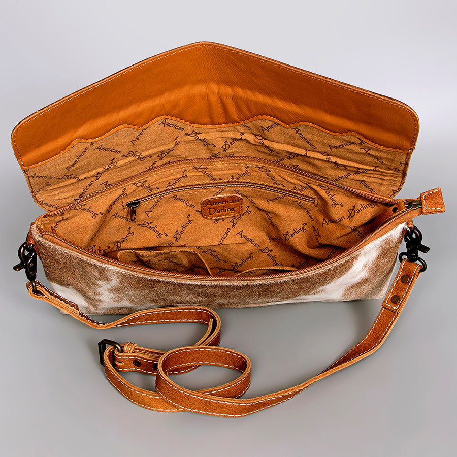 American Darling Leather Small Crossbody Bag – Hair-on Cowhide with Floral Tooled Flap, Western Style Handbag