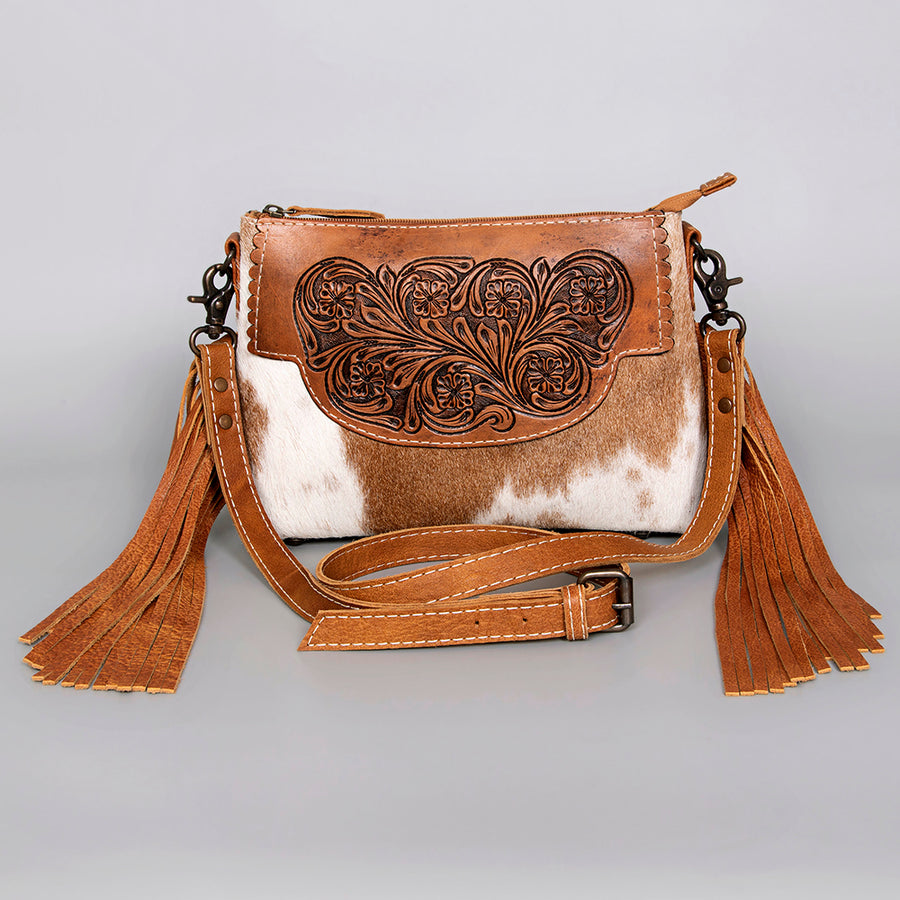 American Darling Hair-on Cowhide Leather Crossbody Bag – Floral Tooled, Western Style Handbag, Premium Leather