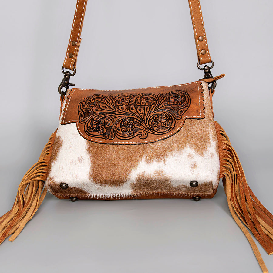 American Darling Hair-on Cowhide Leather Crossbody Bag – Floral Tooled, Western Style Handbag, Premium Leather