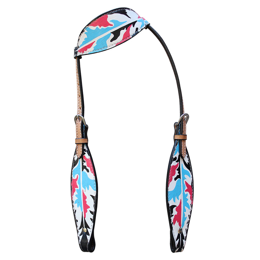Leather one-ear headstall with red and blue floral pattern - Hilason