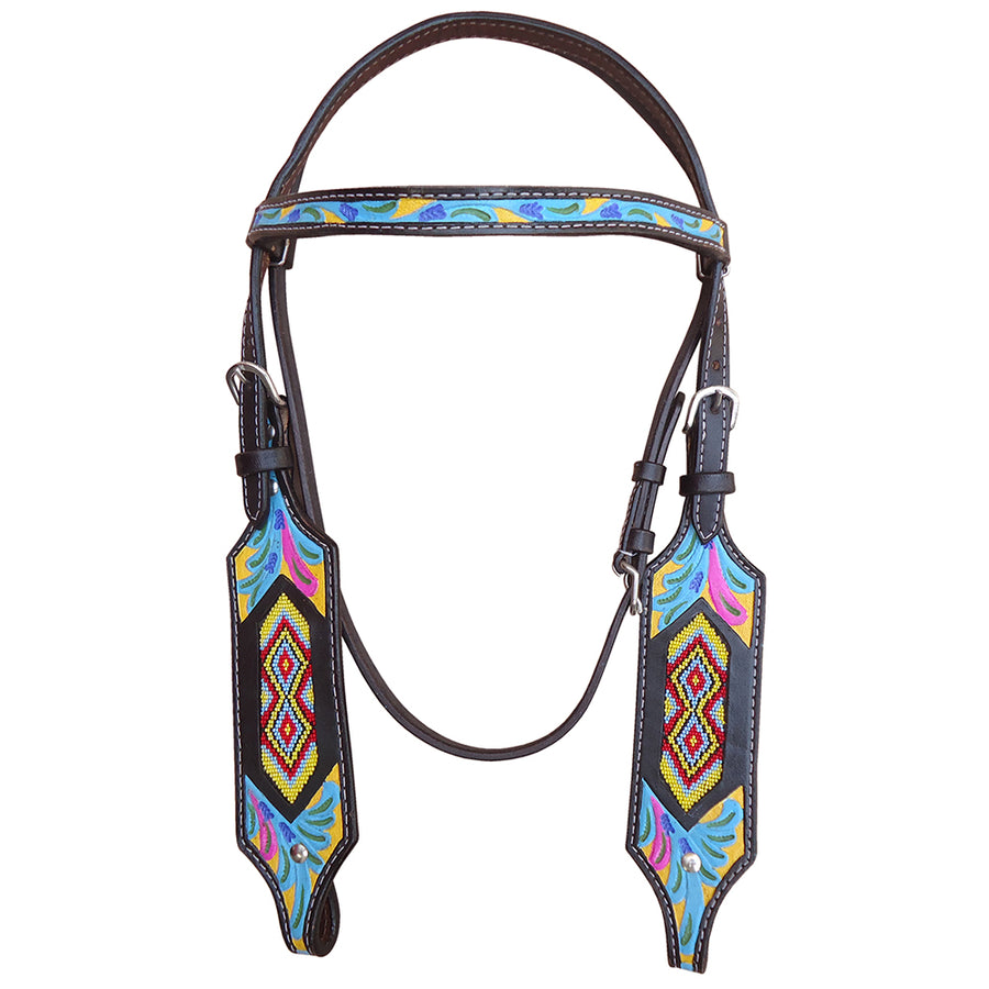 Hilason Western Horse Headstall Leather Beaded Inlay Turquoise