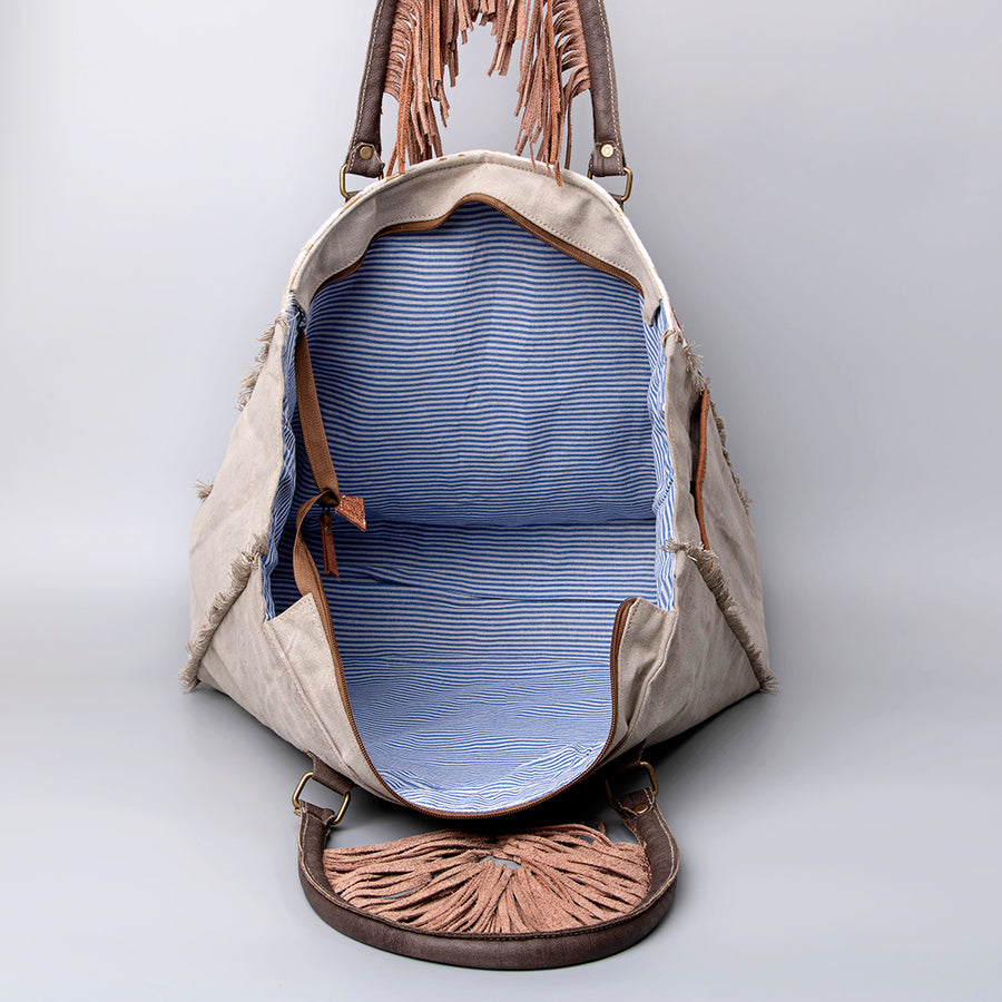 OHLAY Weekender Upcycled Canvas Hair-On Genuine Leather Women Bag Western Handbag Purse | Womens Handbags Belt for Summer