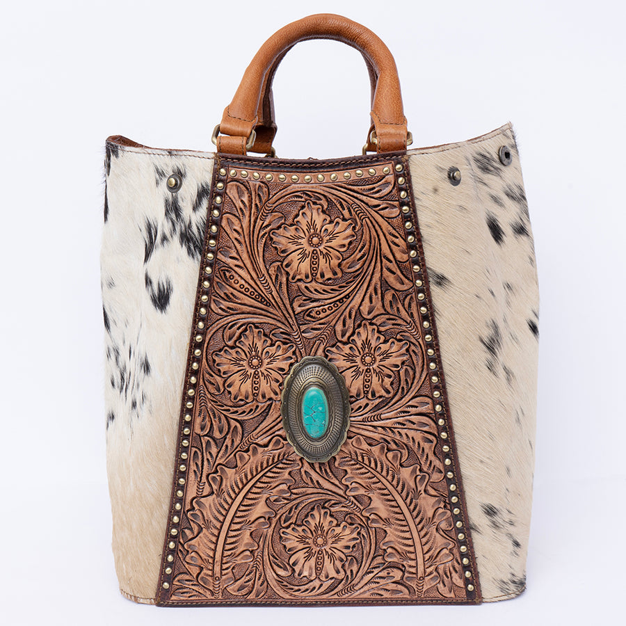 American Darling Tote Bag, Hand-Tooled Floral Western Leather Purse with Turquoise Stone, 12in (H) X 6.5in (W) X 12in (D)